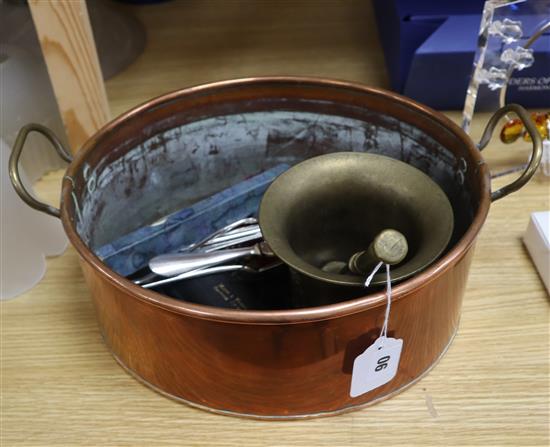 A Victorian copper oval pan, a pestle and mortar, plated Arts & Craft servers, etc.